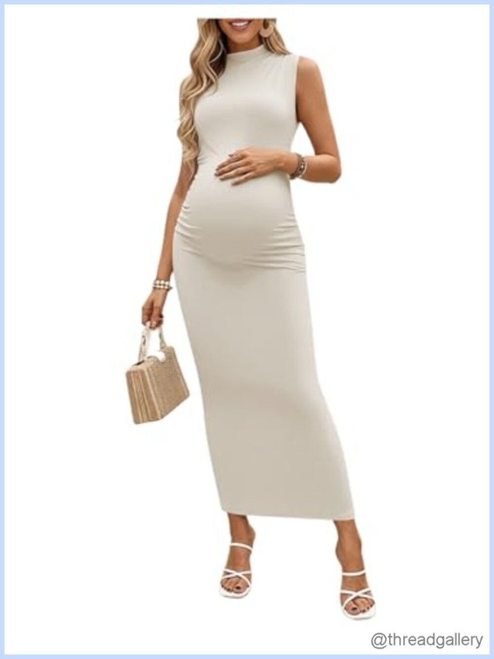 Women's Maternity Mock Neck Sleeveless Ruched Bodycon Maxi Dress